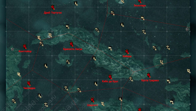AC4: карта с местоположением фортов в Карибском бассейне
