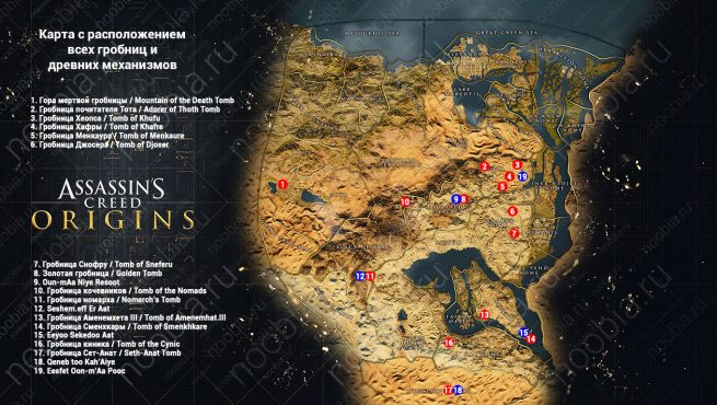 Assassin's Creed Origins: карта с расположением всех гробниц, древних механизмов и каменных табличек